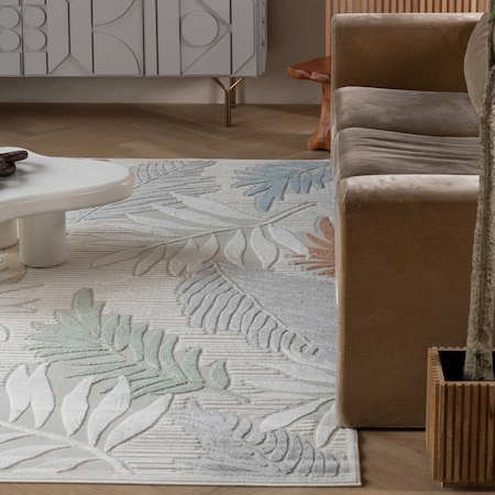 Homeroots 8' X 10' Cream and Beige Botanical Leaves Distressed Indoor Outdoor Area Rug 558733