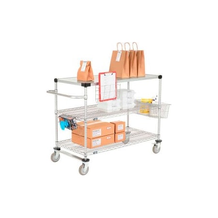Global Equipment Nexel    Curbside Cart, Chrome, 60"L x 24"W x 40"H, 2 Wire, 1 Solid Shelf, Polyurethane Casters CS24602C