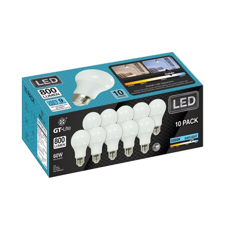 Gt-Lite 800 Lumen LED A19 Bulb, Non-Dimmable, PK 10 GT-A19-10PK5
