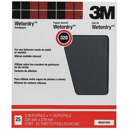 3M Wetordry 99421NA Sand Paper, 320-Grit, Paper Backing, Silicone Carbide, Black 99421NA