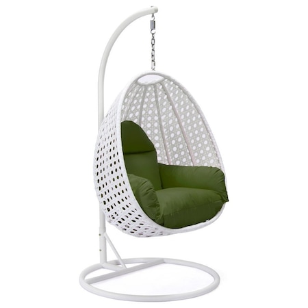 Leisuremod White Wicker Hanging Egg Swing Chair with Dark Green Cushions ESCW-40DG