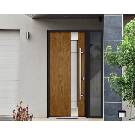 Vdomdoors Steel Door Deux 1713 Natural Oak Sidelight Exterior Black Window Stainless Inserts Single Modern Pa DEUX1713EXD-OAKB-W36+12 x H80-Left-hand Inswing