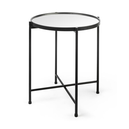 Homeroots 24" Silver and Black Mirrored Glass and Iron Round End Table 605368