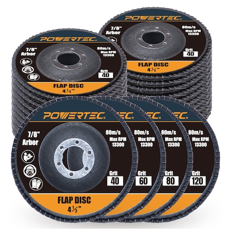 Powertec 4-1/2 in. Zirconia Flap Discs - Assorted Grits 40/60/80/120 for Angle Grinder, 20PK 11100-P2N
