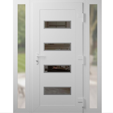 Vdomdoors Front Exterior Prehung Metal-Plastic Door, Manux 8113 White Silk, 2 Side Sidelite Transoms, Office MANUX8113EXD-WS-W14+36+14xH80-LH