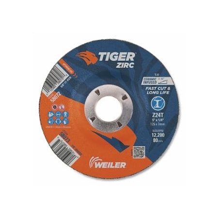 Weiler Tiger Grinding Wheel, 5 in dia x 1/4 in Thick x 7/8 in Arbor, 24 Grit, Zirconia, 10PK 804-58073