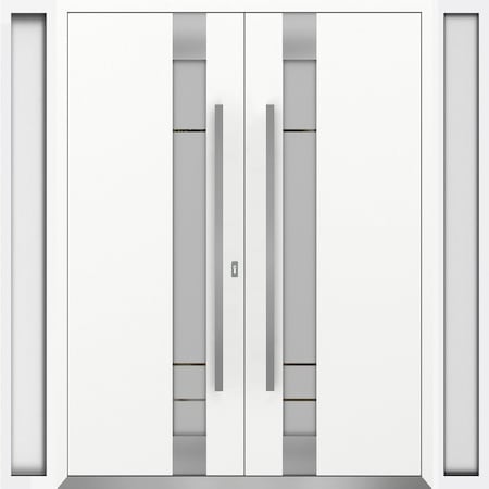 Vdomdoors Aluminum Double Doors Deux 1713 White Enamel Frosted Glass 2 Sidelights Entry Modern Painted 104x96 DEUX1713DEXD-BEM-W16+72+16xH96-LH-I