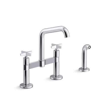 Kohler Billet Two-hole bridge kitchen sink faucet with side sprayer 28665-3-CP