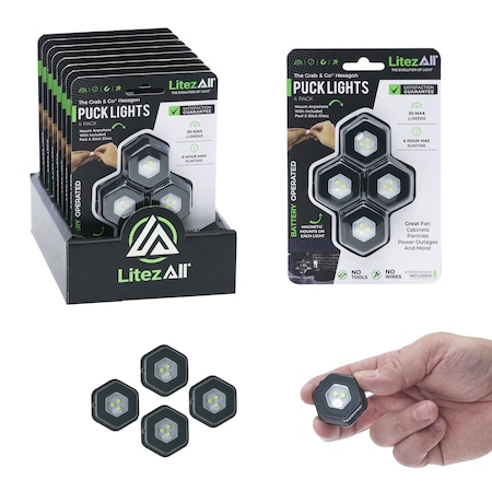 Litezall Battery Powered Hexagon Puck Lights, 4PK LA-MCROCBx4-8/24