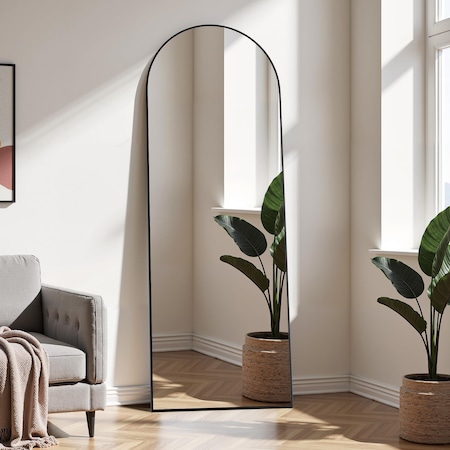 Simple Deluxe Arched Full Length Mirror, Floor Mirror with Stand, Hanging Mirror Full Length for Home Wall Decor,  3A88MIROGZ2164BLK