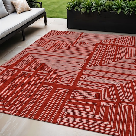 Homeroots 5' X 8' Red And Ivory Geometric Washable Indoor Outdoor Area Rug 600859