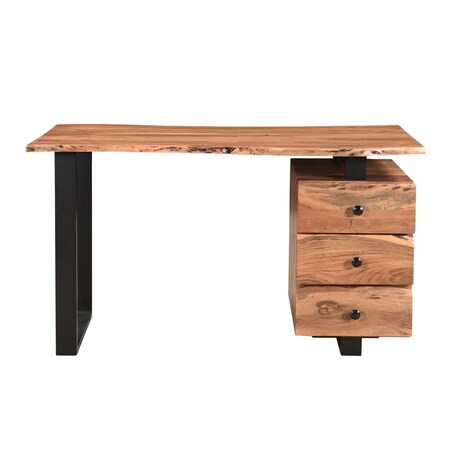Homeroots 54" Natural and Black Live Edge Solid Wood Writing Desk With Three Drawers 522094