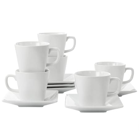 Our Table Simply White Fine Ceramic 6 Piece Square Cup and Saucer Set in White 133052.02