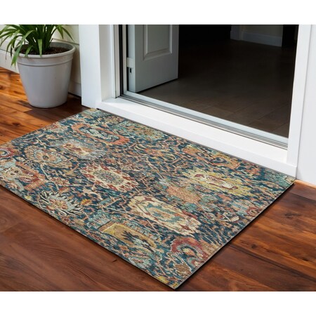 Homeroots 3' X 5' Navy Blue Terra Cotta And Beige Damask Washable Indoor Outdoor Area Rug 603743