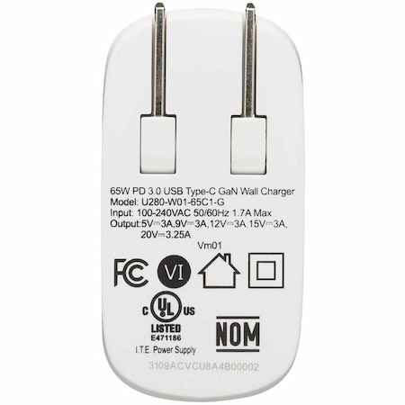 Eaton Tripp Lite Series Compact USB-C Wall Charger - GaN Technology, 65W PD Charging, White U280-W01-65C1-G