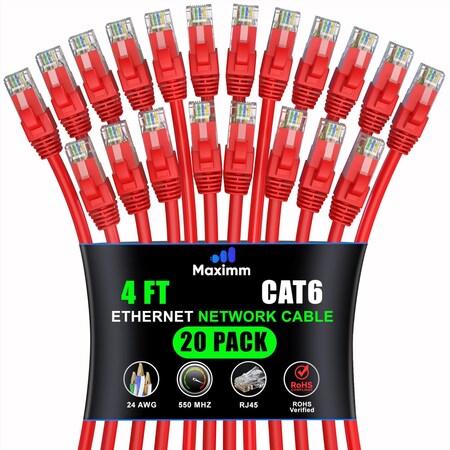 Maximm Cat6 Ethernet Cable 4ft 10Gbps 550MHz UTP, 20PK, Red, 20PK CAT6CCA-4RD-20PK