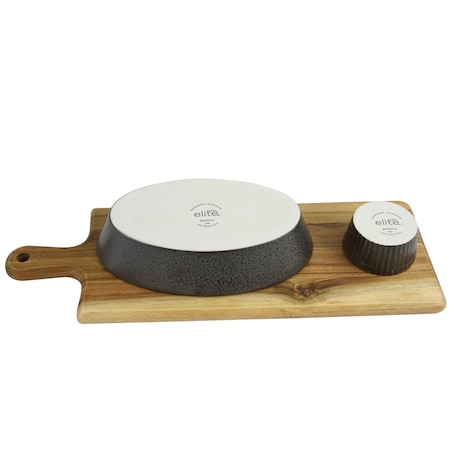 Gibson Elite Gracious Dining 3-Piece Reactive Fine Ceramic Bowl Set With Acacia Wood Tray in Gray 116922.03