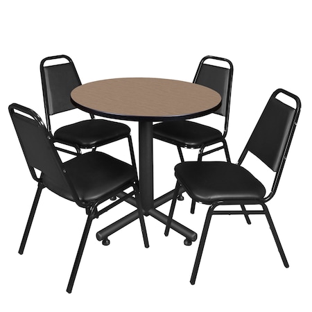 Regency Round Kobe Breakroom Table W/ 4 Restaurant Stack Chairs, 30 in W, 30 in L, Noble Oak TKB30RNDNO29BK