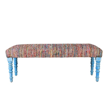 Homeroots 47in Rainbow Stripe Blue Leg Upholstered Bench 483466