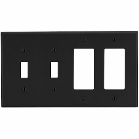Hubbell Wiring Device-Kellems Wallplate, 4-Gang, 2) Toggle 2) Decorator, Black P2262BK