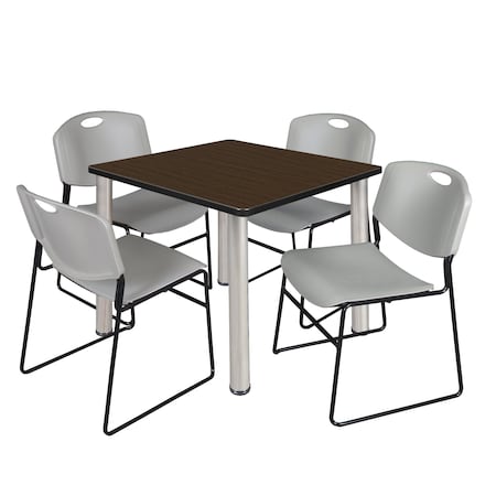 Regency Square Kee Breakroom Table W/ 4 Zeng Stack Chairs, 36 in W, 36 in L, Neo Walnut TB3636NWBPCM44GY