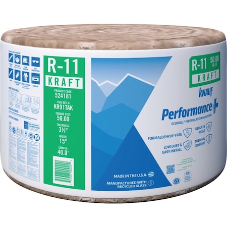 Knauf R-11 Kraft Faced Fiberglass Roll Insulation, bundle of 12 bags, covers 600SF, 12PK 524181