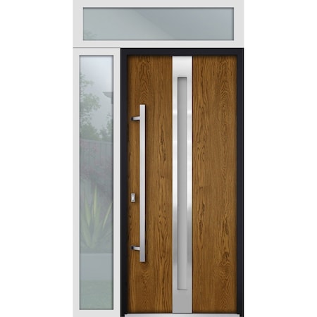 Vdomdoors Steel Door Deux 1744 Natural Oak Sidelight and Transom White Window Stainless Inserts Single Modern DEUX1744EXD-OAKW-W36+16xH80+16-RH-O