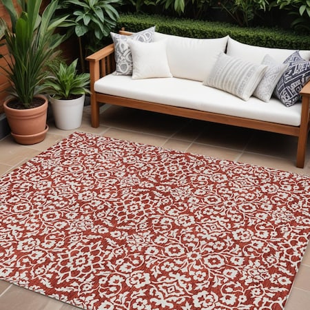 Homeroots 9' X 12' Red And Ivory Damask Washable Indoor Outdoor Area Rug 595191