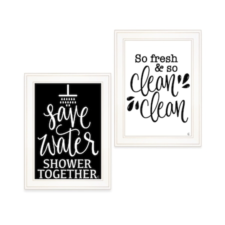 Homeroots Set Of Two Clean or Shower Together White Framed Print Bathroom Wall Art, 2PK 407995
