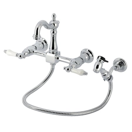 Kingston Brass Two-Handle Wall Mount Bridge Kitchen Faucet with Brass Sprayer, Polished Chrome KS2441PLBS