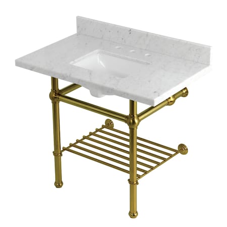 Kingston Brass 36-Inch Carrara Marble Console Sink with Brass Legs and Shelf, 8-Inch, 3-Hole KVPB3630MBSQB7