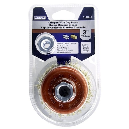Vulcan Cup Wire Brush with Adapter, 3 in Dia, 5/8-11 Threaded Arbor, M10 x 1.25 in Arbor Adapter Arbor/Shank 694261OR