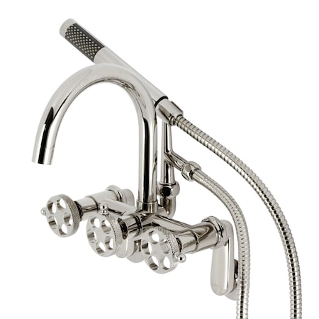 Kingston Brass Three-Handle 2-Hole Adjustable Wall Mount Clawfoot Tub Faucet with Knurled Handle and Hand Shower AE8156RKX
