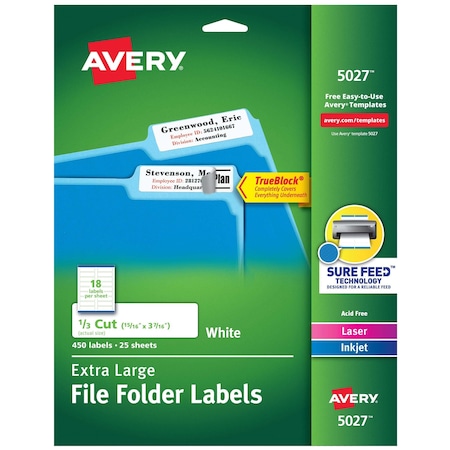 Avery Laser/Inkjet Label, 3 7/16 in Label W, 15/16 in Label H, 18 Labels per Sheet White 7278205027