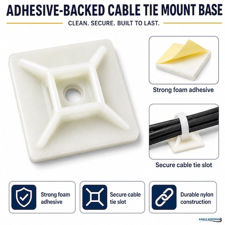 Kable Kontrol Adhesive Cable Tie Mounts, 1" Sq, Natural Nylon, PK100 CT280