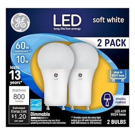 Ge Industrial Solutions LED Bulb, General Purpose, 800 Lumens, 10 W, A19 Lamp, GU24 Lamp Base, Dimmable, 2PK 93095629