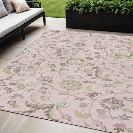 Homeroots 5' X 8' Pink Green And Gray Floral Washable Indoor Outdoor Area Rug 597837