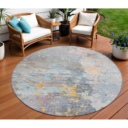 Homeroots 8' Granite Gray Round Abstract Washable Indoor Outdoor Area Rug 607790