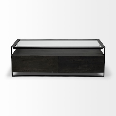 Homeroots 30" Clear And Black Glass Rectangular Coffee Table With Four Drawers And Shelf 376270