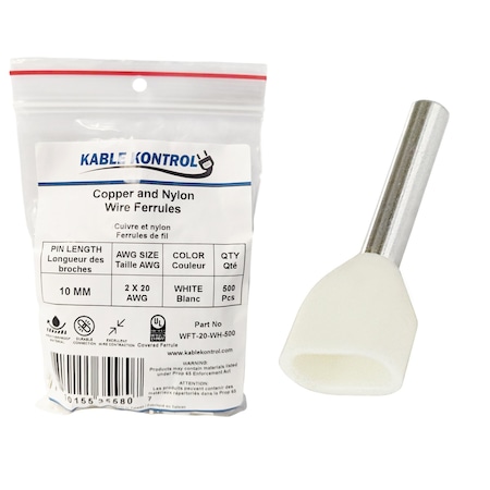 Kable Kontrol Twin Wire Ferrules, Nylon Insulated, 2 x 20 AWG, Pin Size 10 mm, White, 500 Pcs, 500PK WFT-20-WH-500