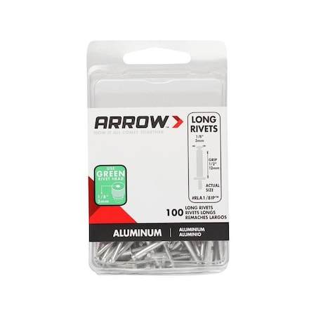 Arrow Fastener 1/8 in. D X 1/2 in. Aluminum Long Rivets Silver, 100PK RLA1/8IP