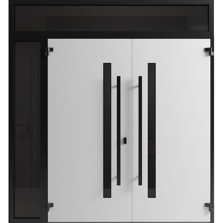 Vdomdoors Front Exterior Prehung Aluminum Double Doors Ronex0144 Grey 1 Sidelight and Top Transom Mirrored RONEX0144DEXD-GRE-W72+12xH96+12-RH-O