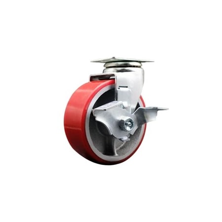 Service Caster 5 Inch Red Poly on Cast Iron Swivel Caster with Roller Bearing and Brake SCC SCC-20S520-PUR-RS-TLB
