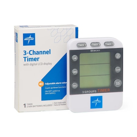 Medline 3-Channel Alarm Timer with Digital LCD Dispaly, On/Off Switch, 2 AAA Batteries, Adjustable Volume MLAB3CHANTIM