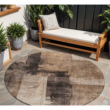 Homeroots 8' Brown Black And Tan Round Abstract Washable Indoor Outdoor Area Rug 606046