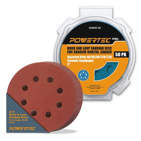 Powertec 5in Hook & Loop Sanding Discs, Ceramic, 40/60/80/120/220 Grit, 50PK & 5in 8 Hole Sanding Disc, 25PK 45302CN