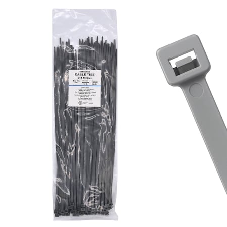 Cable Ties Unlimited Cable Tie, 14 in L, 50 lb Strength, 4 in Max Bundle Dia, Nylon 6/6, Gray 100PK C14-50-Gray