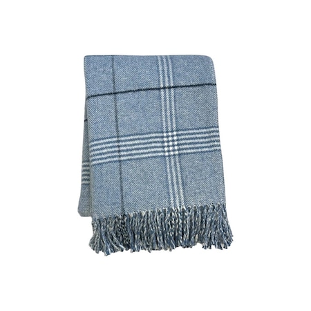 Homeroots 50" X 67" Denim Blue And White Cotton Blend Woven Plaid Throw Blanket with Fringe 633069