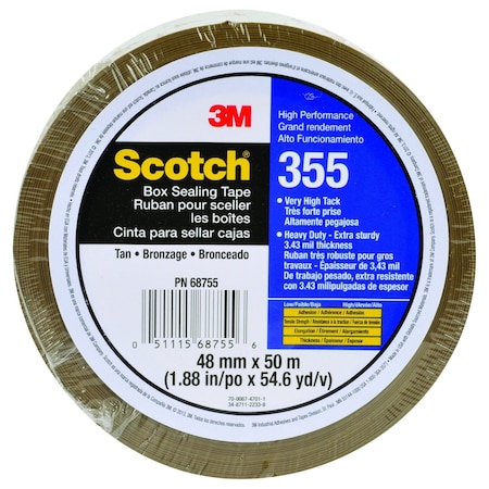 Scotch Packing Tape, 3.4 mil Thick, 2 in W x 50 m L, 3 in Core Dia., Tan 355