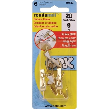 Ook Picture Hanger, 20 lb, Steel, Brass, Gold, 6PK 50583